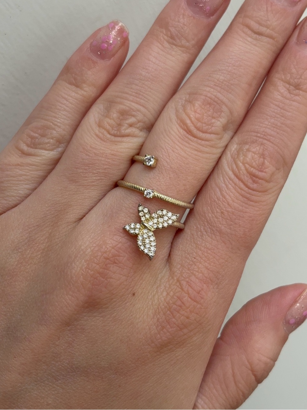 Sterling Silver Gold Wash Pave CZ Crystal Butterfly Wrap Ring - Picture 3 of 8